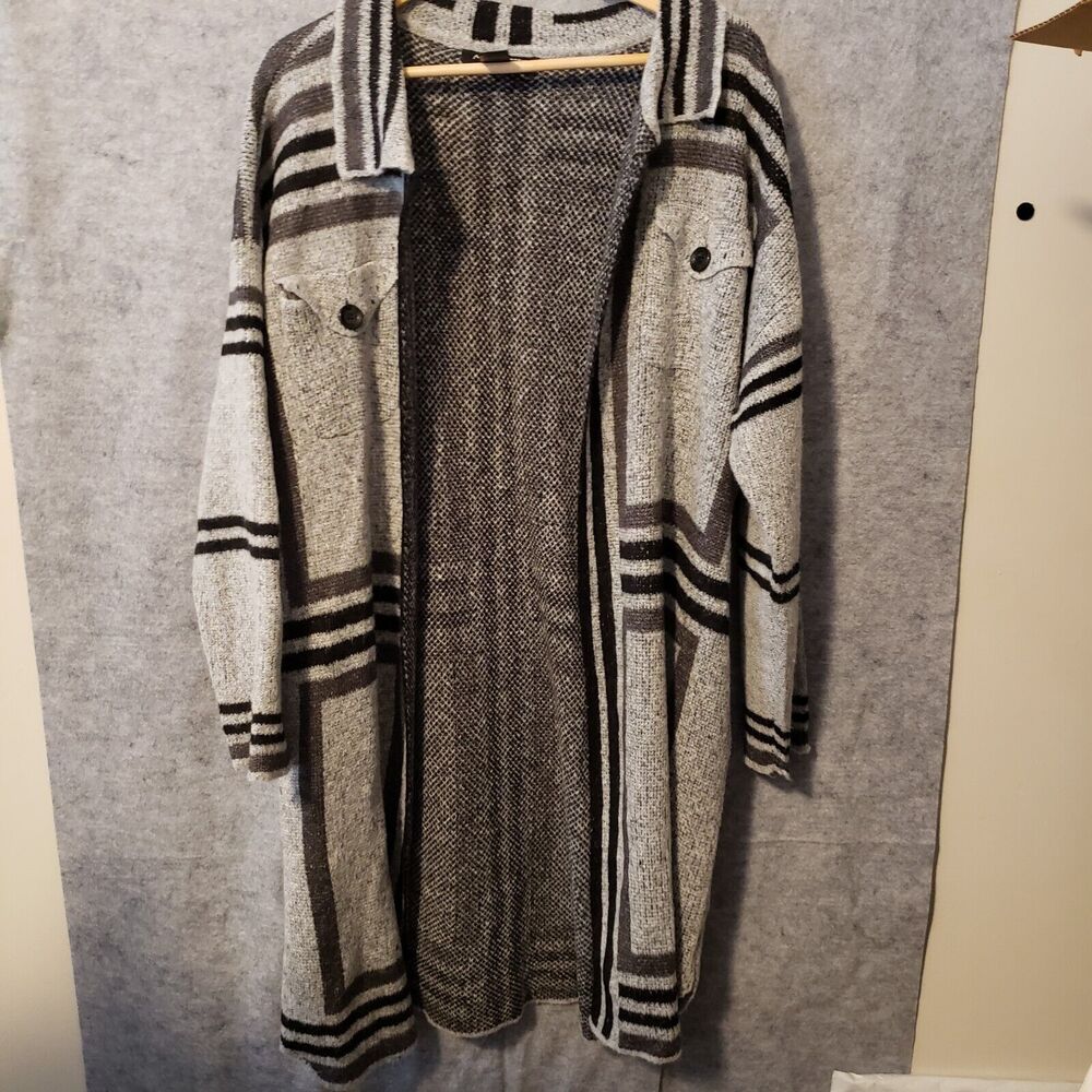 ASHLEY STEWART Womens Long Cardigan 18/20  Open front 4 Pockets  Gray  Sweater